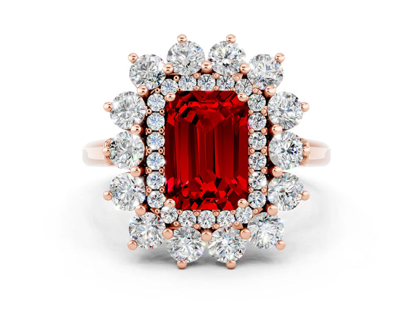 Rose gold Emerald Cut Ruby Floral Double Halo Engagement Ring with Prong Setting