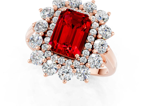 Rose gold Emerald Cut Ruby Floral Double Halo Engagement Ring with Prong Setting