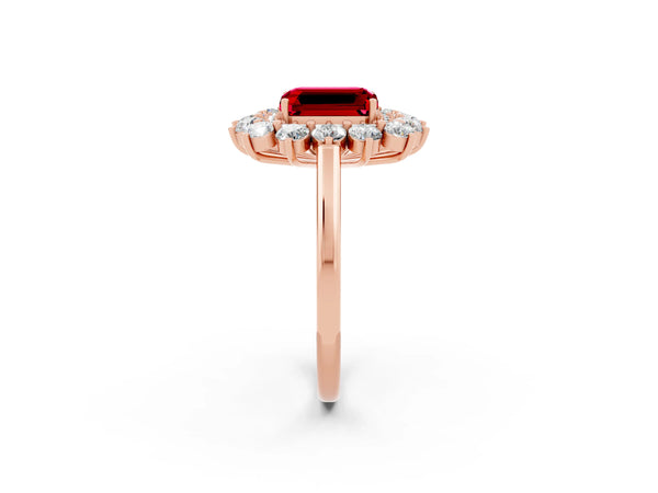 Rose gold Emerald Cut Ruby Floral Double Halo Engagement Ring with Prong Setting