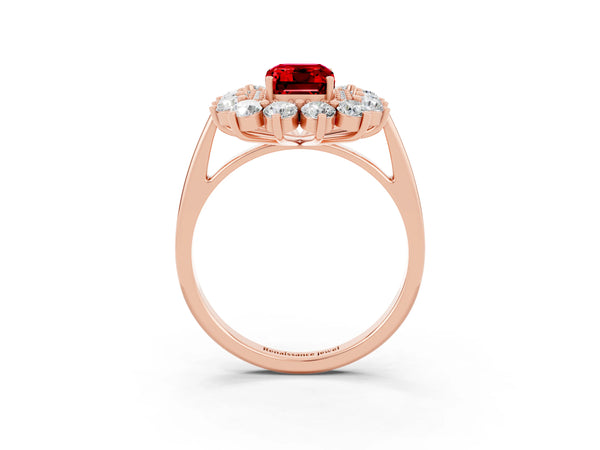 Rose gold Emerald Cut Ruby Floral Double Halo Engagement Ring with Prong Setting