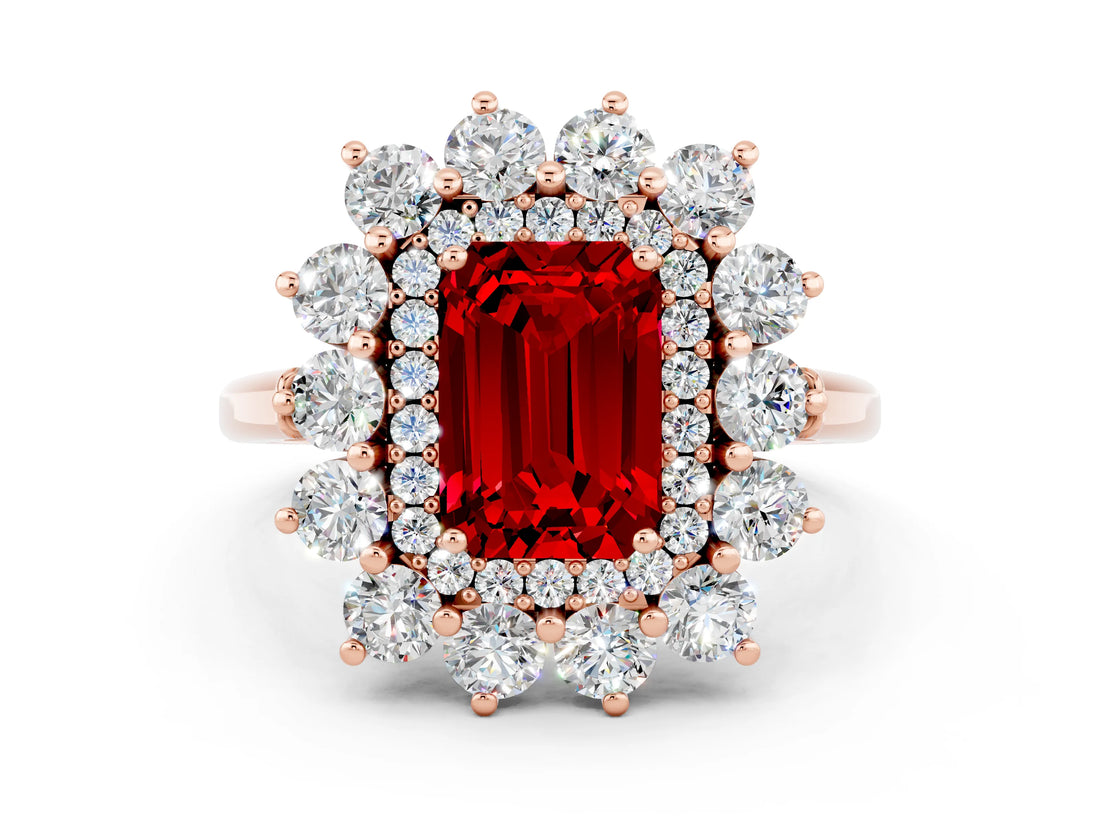 Rose gold Emerald Cut Ruby Floral Double Halo Engagement Ring with Prong Setting_72