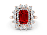 Rose gold Emerald Cut Ruby Floral Double Halo Engagement Ring with Prong Setting_72
