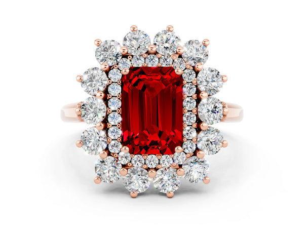 Rose Gold Emerald Cut Lab-Grown Ruby Floral Double Halo Engagement Ring with Plain Band