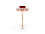 Rose gold Emerald Cut Ruby Floral Double Halo Engagement Ring with Prong Setting_74