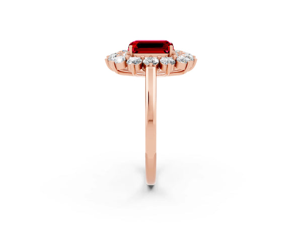 Rose Gold Emerald Cut Lab-Grown Ruby Floral Double Halo Engagement Ring with Plain Band