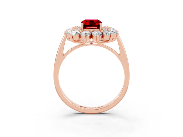 Rose Gold Emerald Cut Lab-Grown Ruby Floral Double Halo Engagement Ring with Plain Band