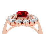 Rose gold Emerald Cut Ruby Floral Double Halo Engagement Ring with Prong Setting_76