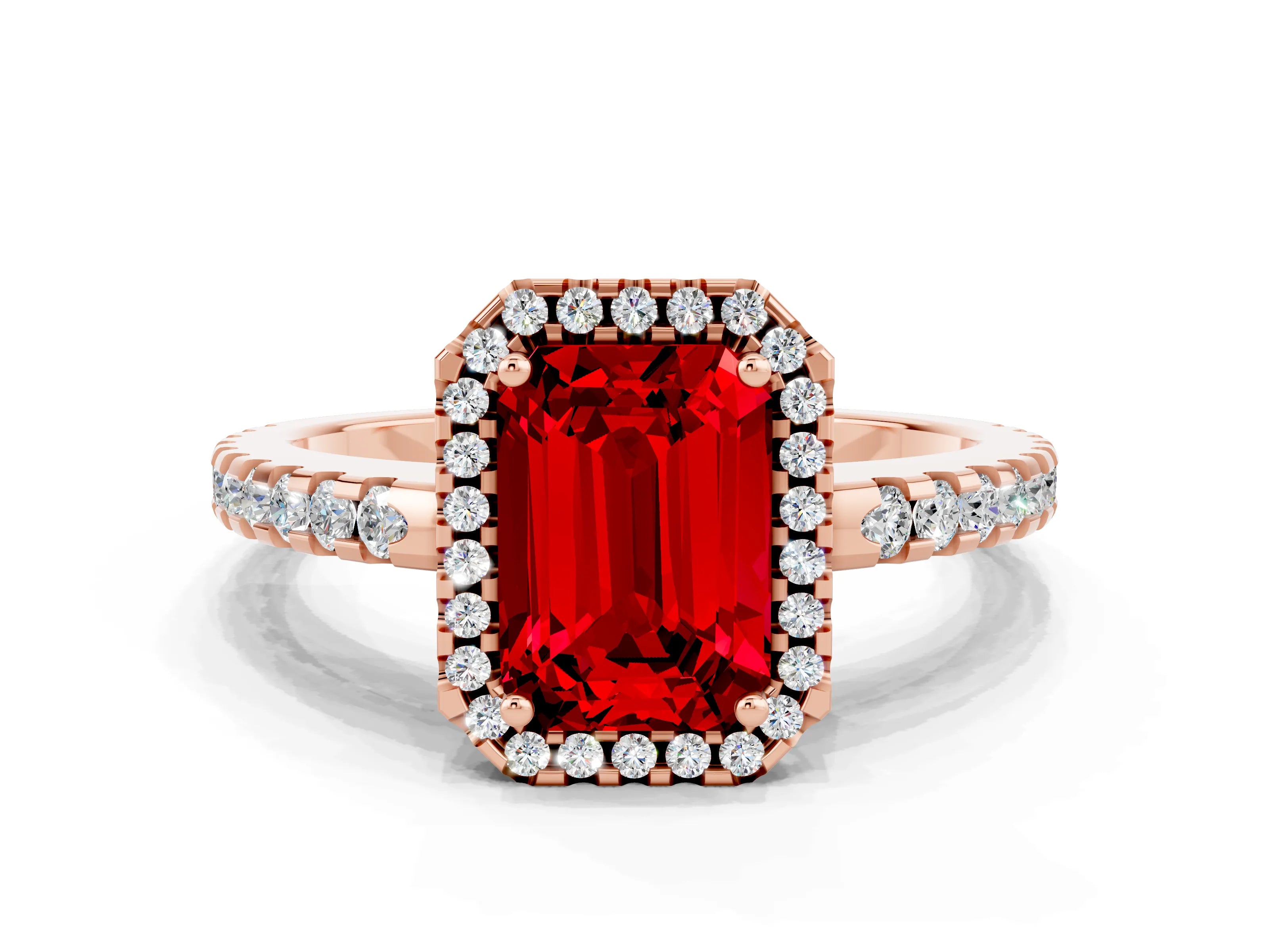 Rose gold Emerald Cut Ruby Halo Engagement Ring with Pavé Band and Prong Setting_12