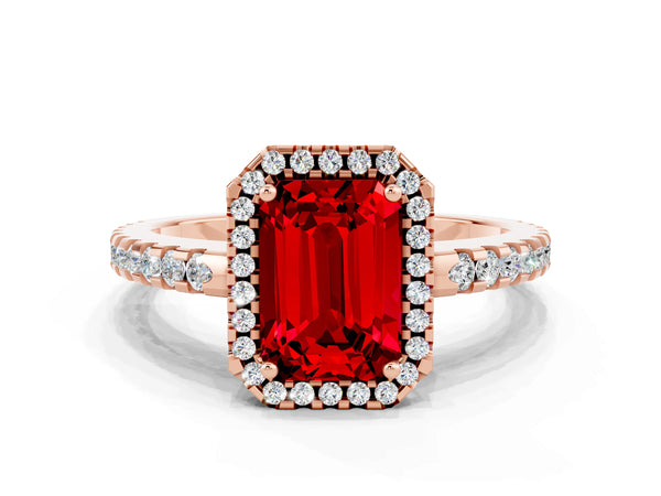 Rose gold Emerald Cut Ruby Halo Engagement Ring with Pavé Band and Prong Setting