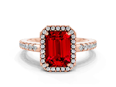 Rose gold Emerald Cut Ruby Halo Engagement Ring with Pavé Band and Prong Setting_12