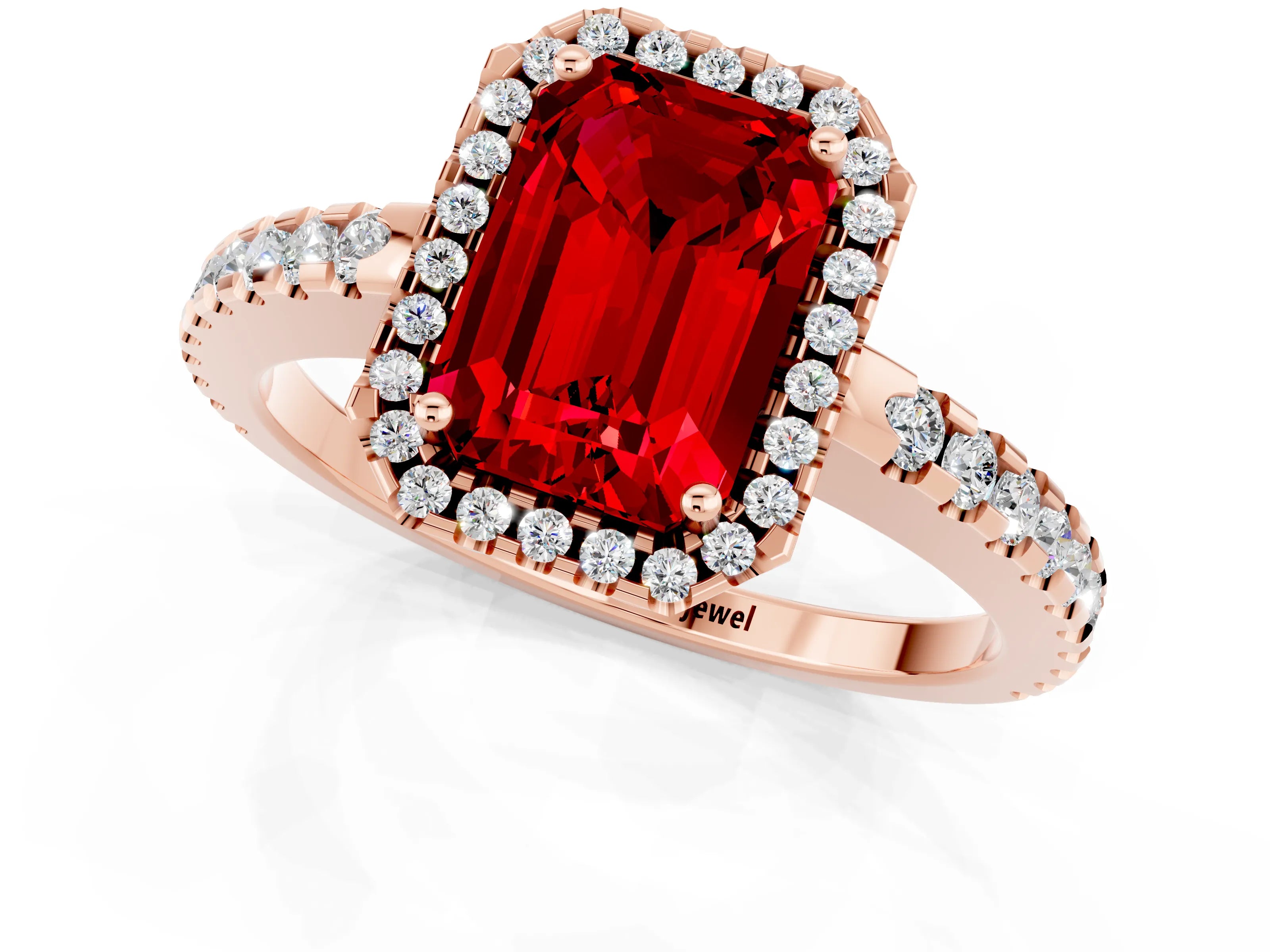 Rose gold Emerald Cut Ruby Halo Engagement Ring with Pavé Band and Prong Setting_13