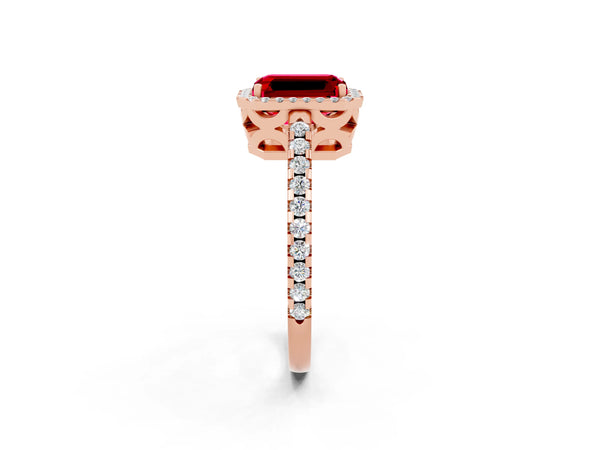Rose gold Emerald Cut Ruby Halo Engagement Ring with Pavé Band and Prong Setting
