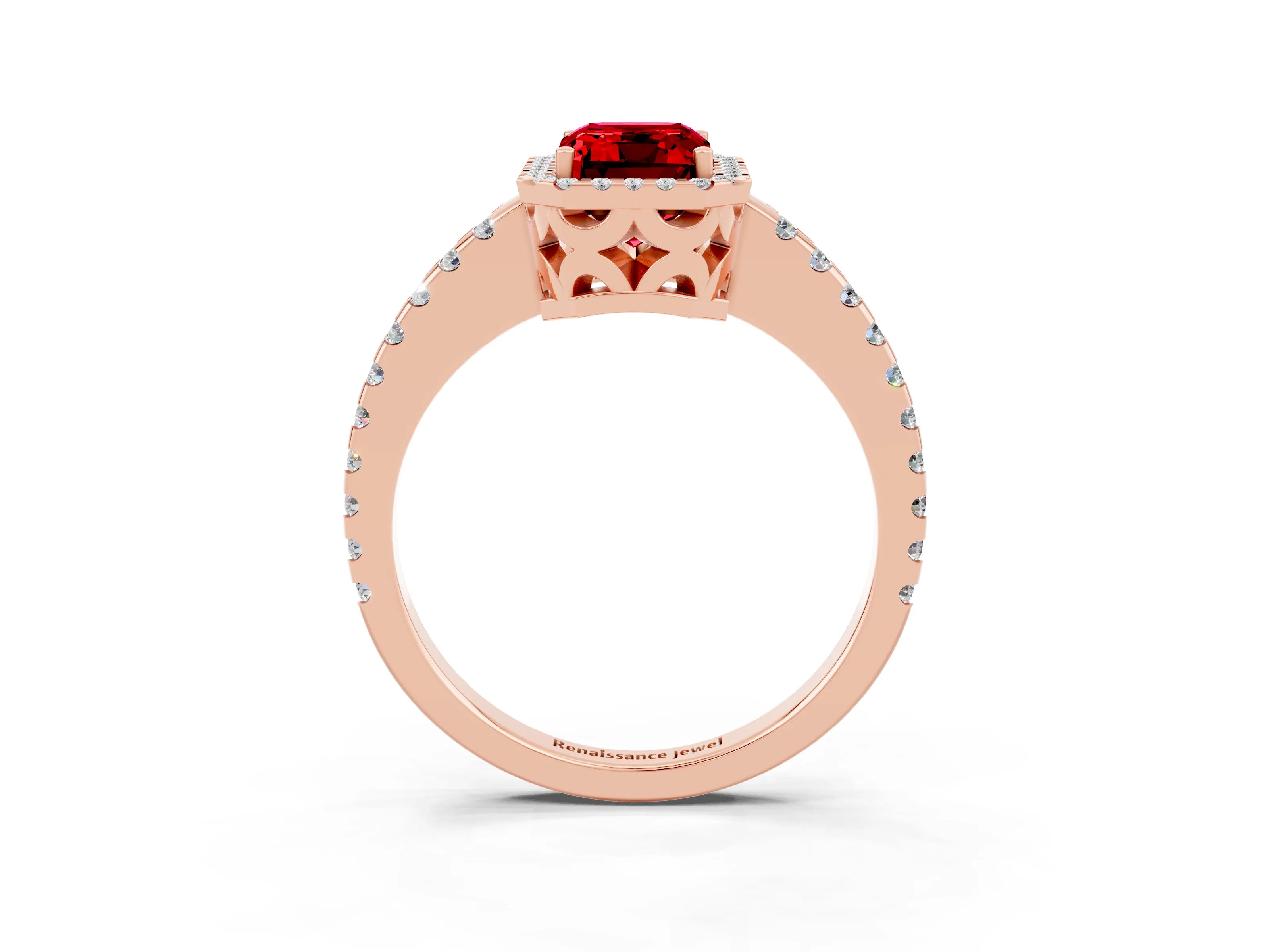Rose gold Emerald Cut Ruby Halo Engagement Ring with Pavé Band and Prong Setting_15