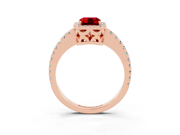 Rose gold Emerald Cut Ruby Halo Engagement Ring with Pavé Band and Prong Setting