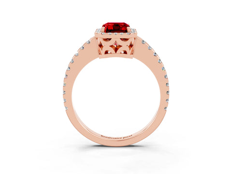 Rose gold Emerald Cut Ruby Halo Engagement Ring with Pavé Band and Prong Setting_15