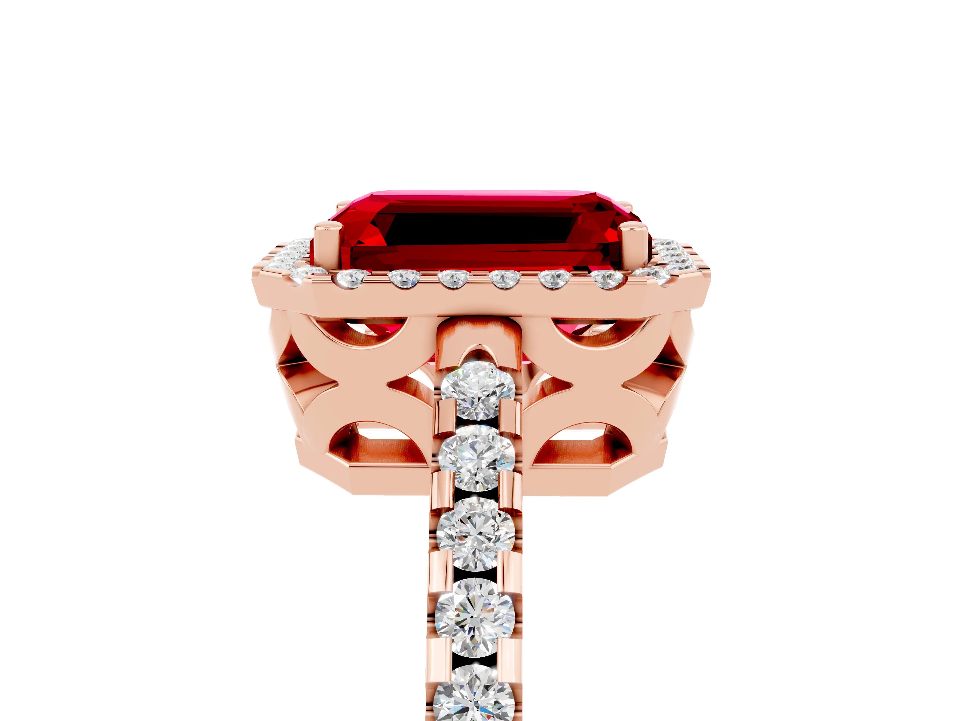 Rose gold Emerald Cut Ruby Halo Engagement Ring with Pavé Band and Prong Setting_17