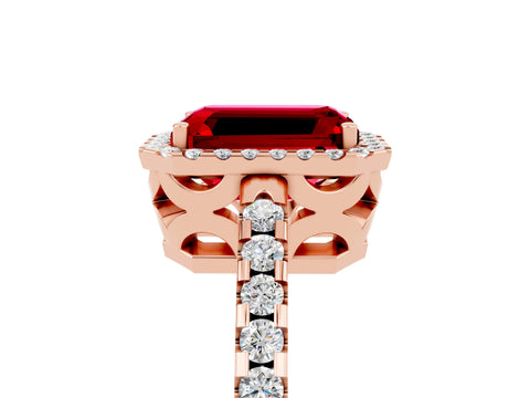 Rose gold Emerald Cut Ruby Halo Engagement Ring with Pavé Band and Prong Setting_17
