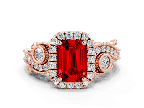 Rose gold Emerald Cut Ruby Halo Ring with Milgrain Pavé Band and Four-Prong Setting_12