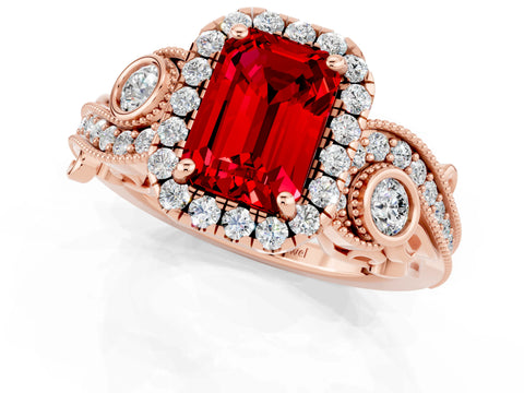 Rose gold Emerald Cut Ruby Halo Ring with Milgrain Pavé Band and Four-Prong Setting_13