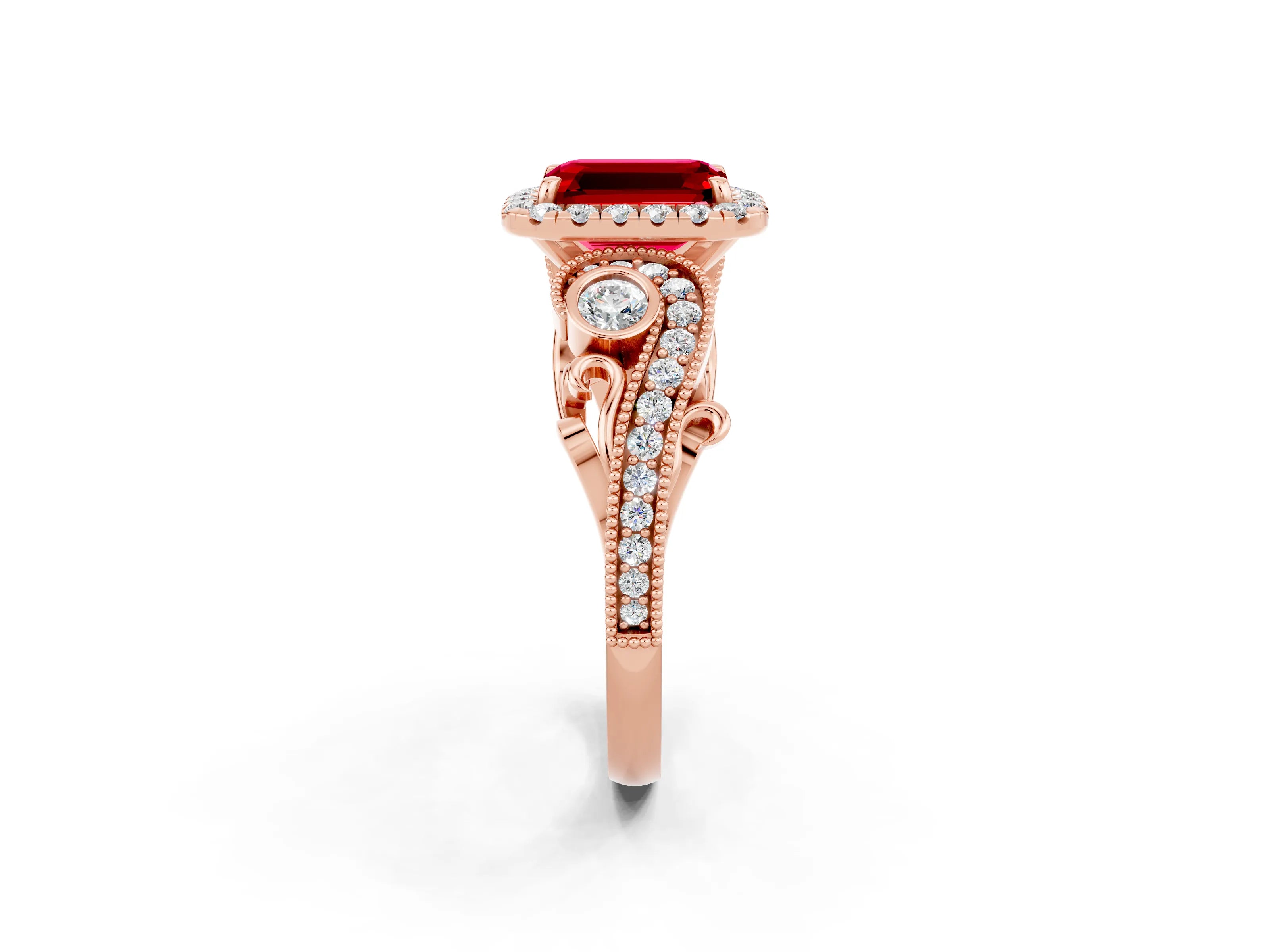 Rose gold Emerald Cut Ruby Halo Ring with Milgrain Pavé Band and Four-Prong Setting_14