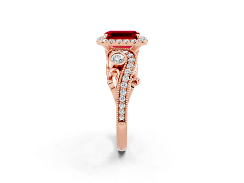 Rose gold Emerald Cut Ruby Halo Ring with Milgrain Pavé Band and Four-Prong Setting_14