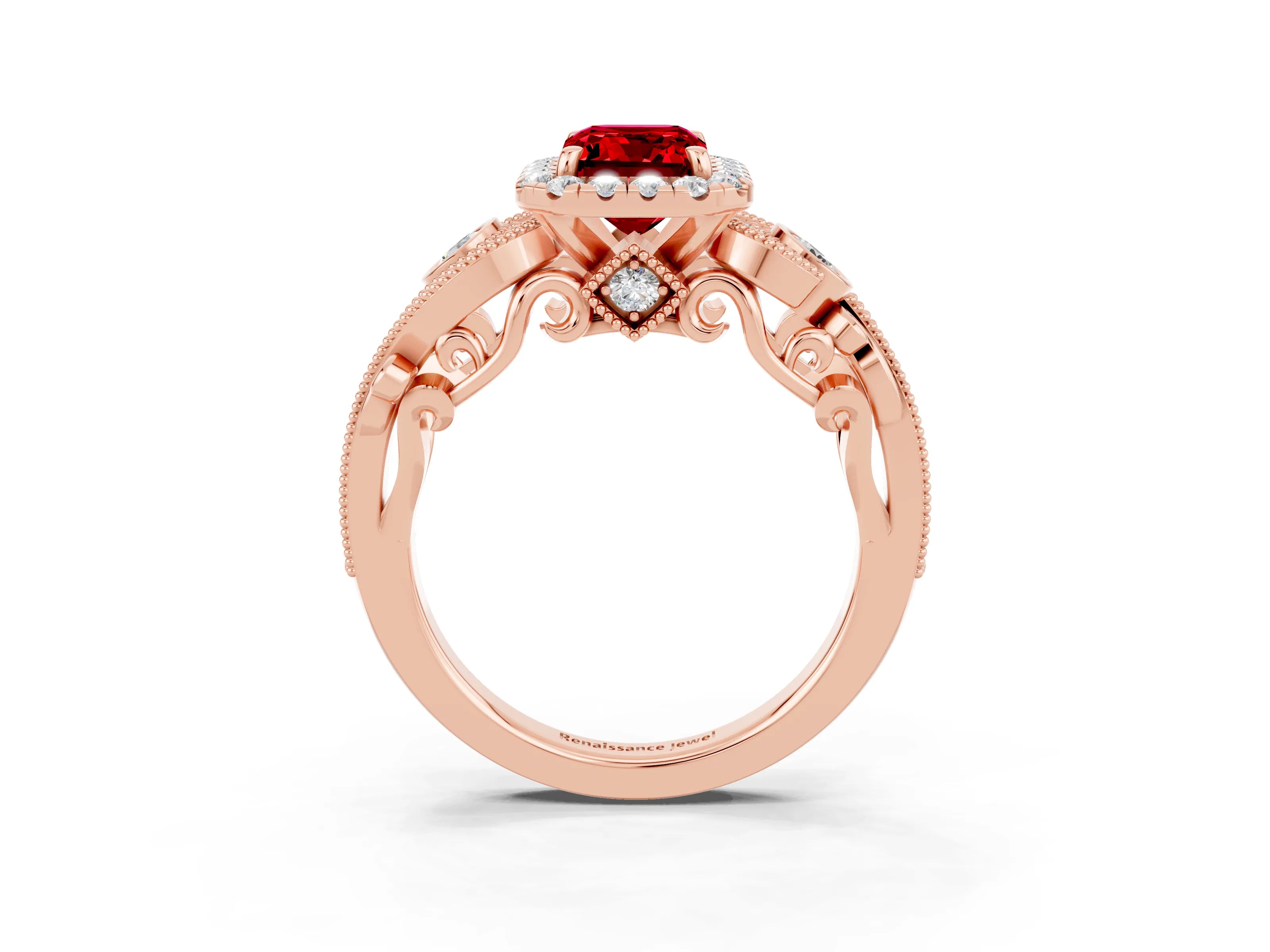 Rose gold Emerald Cut Ruby Halo Ring with Milgrain Pavé Band and Four-Prong Setting_15