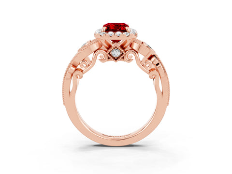 Rose gold Emerald Cut Ruby Halo Ring with Milgrain Pavé Band and Four-Prong Setting_15