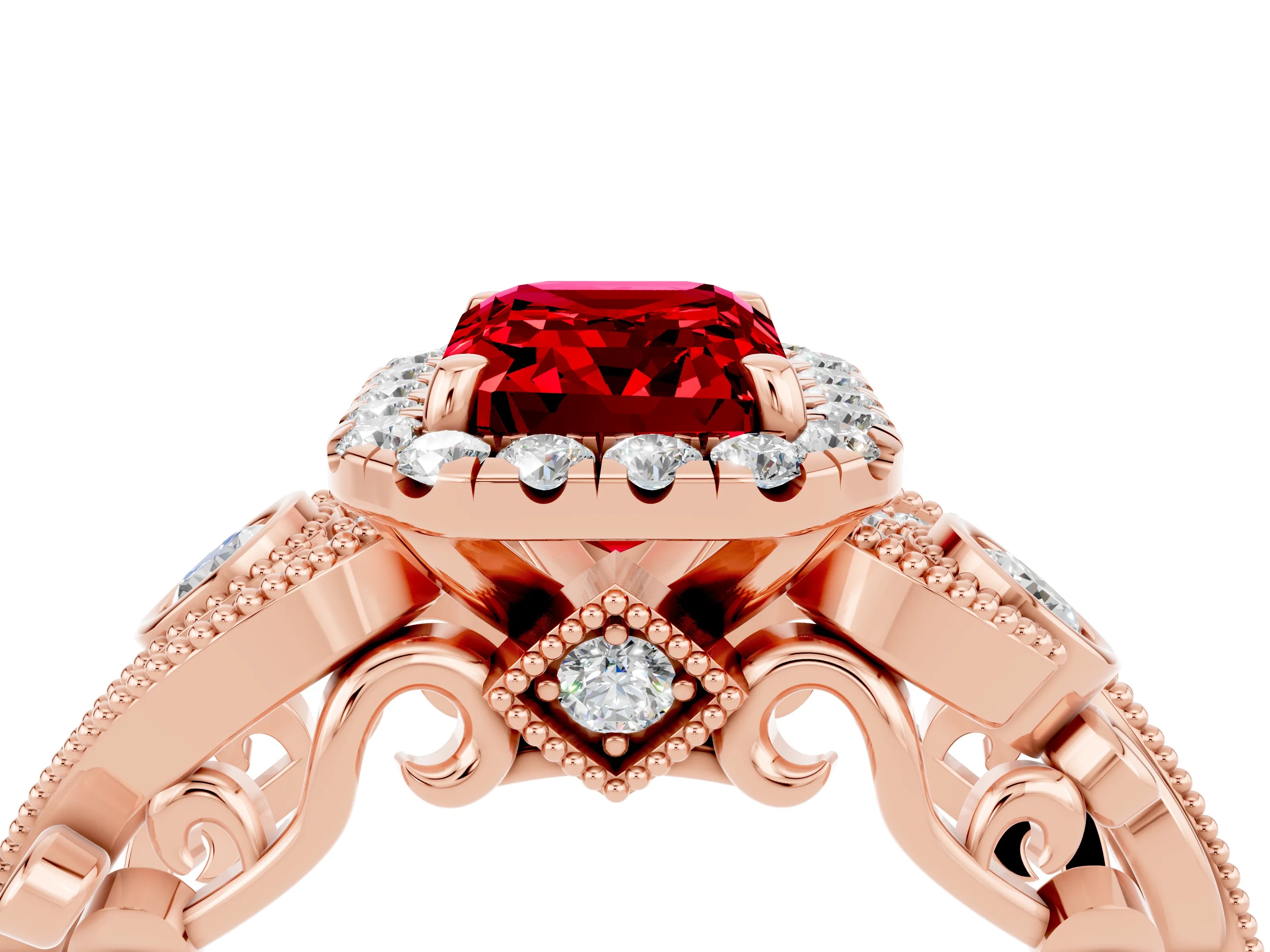 Rose gold Emerald Cut Ruby Halo Ring with Milgrain Pavé Band and Four-Prong Setting_16