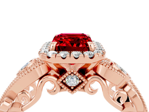 Rose gold Emerald Cut Ruby Halo Ring with Milgrain Pavé Band and Four-Prong Setting_16