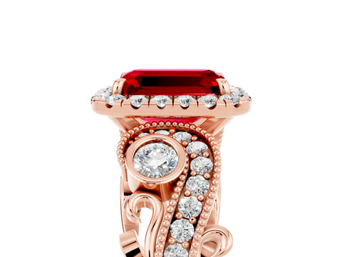Rose gold Emerald Cut Ruby Halo Ring with Milgrain Pavé Band and Four-Prong Setting_17