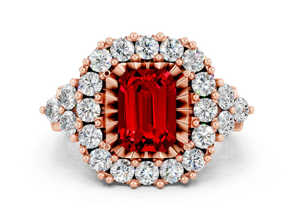 Rose gold Emerald Cut Ruby Halo Ring with Pavé Band and Four-Prong Setting