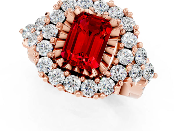 Rose gold Emerald Cut Ruby Halo Ring with Pavé Band and Four-Prong Setting