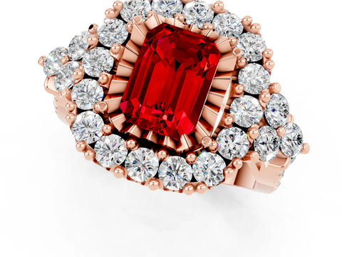 Rose gold Emerald Cut Ruby Halo Ring with Pavé Band and Four-Prong Setting_13