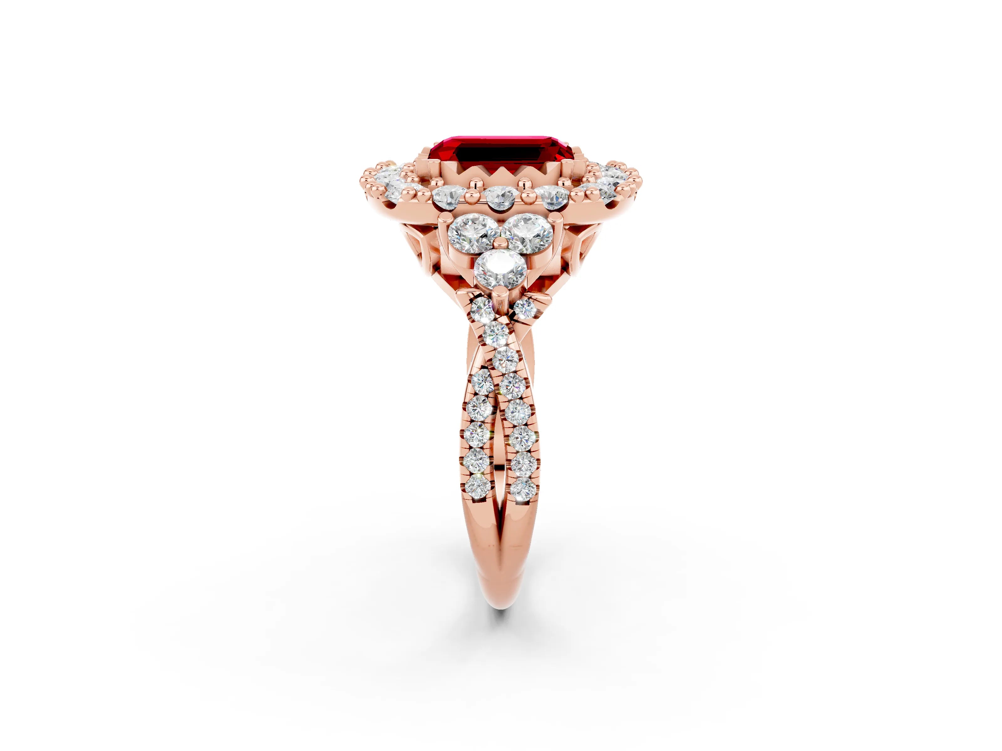 Rose gold Emerald Cut Ruby Halo Ring with Pavé Band and Four-Prong Setting_14