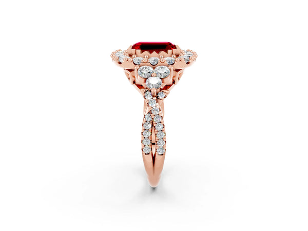 Rose gold Emerald Cut Ruby Halo Ring with Pavé Band and Four-Prong Setting