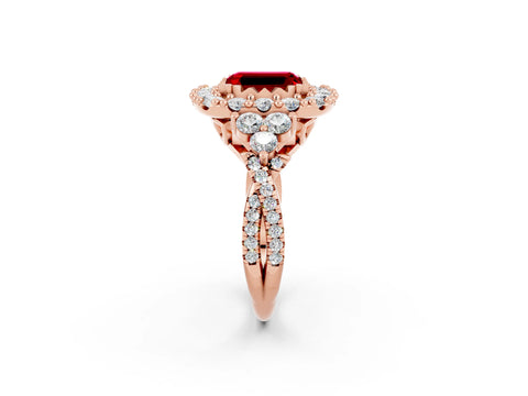 Rose gold Emerald Cut Ruby Halo Ring with Pavé Band and Four-Prong Setting_14