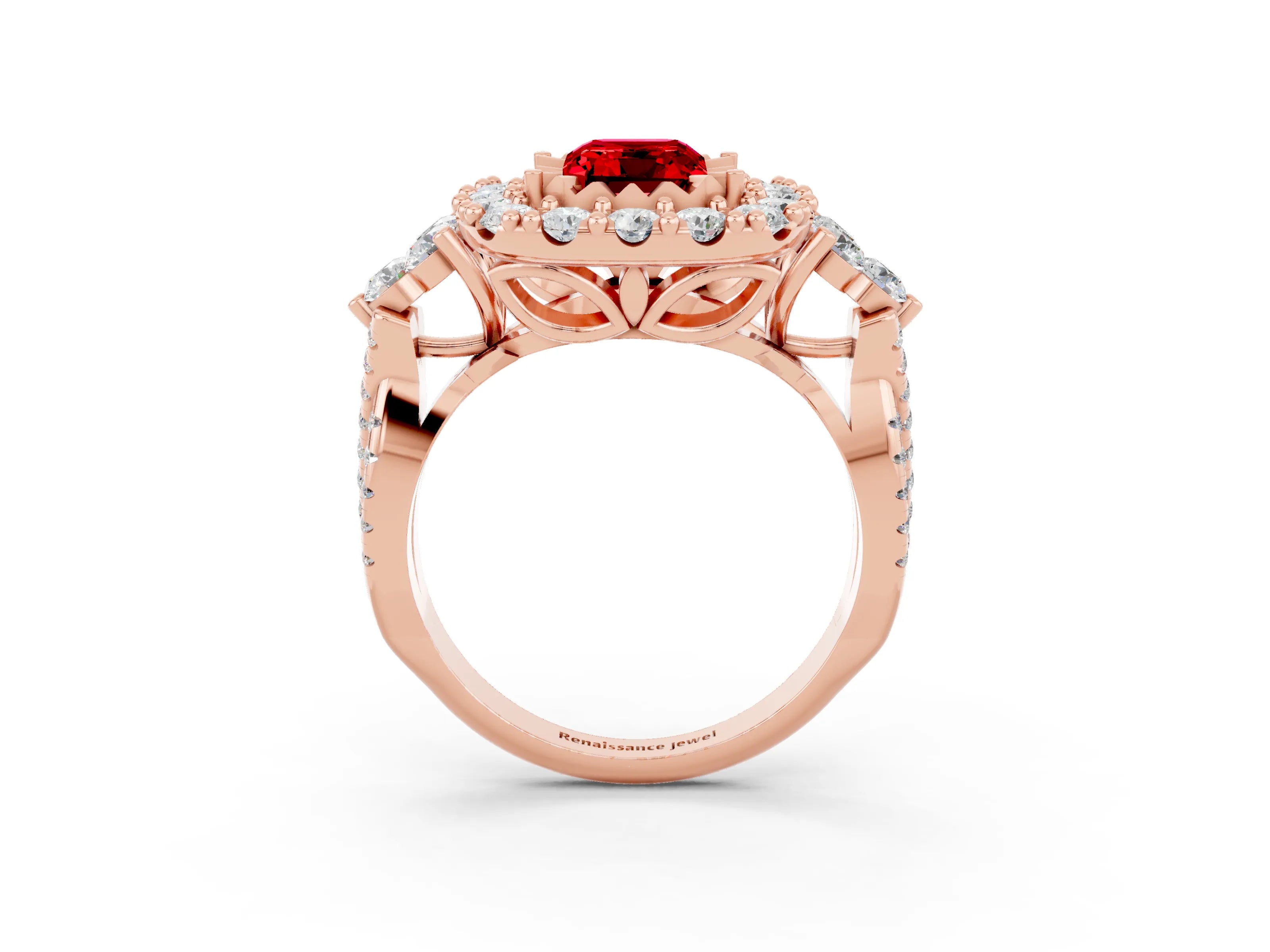 Rose gold Emerald Cut Ruby Halo Ring with Pavé Band and Four-Prong Setting_15