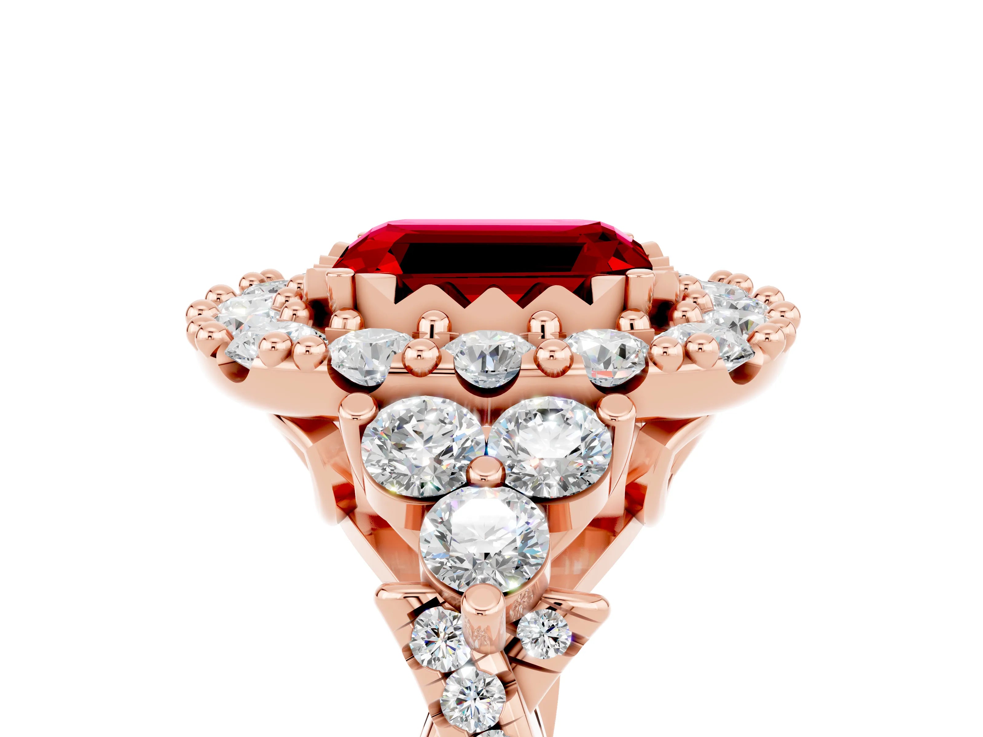 Rose gold Emerald Cut Ruby Halo Ring with Pavé Band and Four-Prong Setting_17