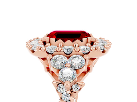 Rose gold Emerald Cut Ruby Halo Ring with Pavé Band and Four-Prong Setting_17
