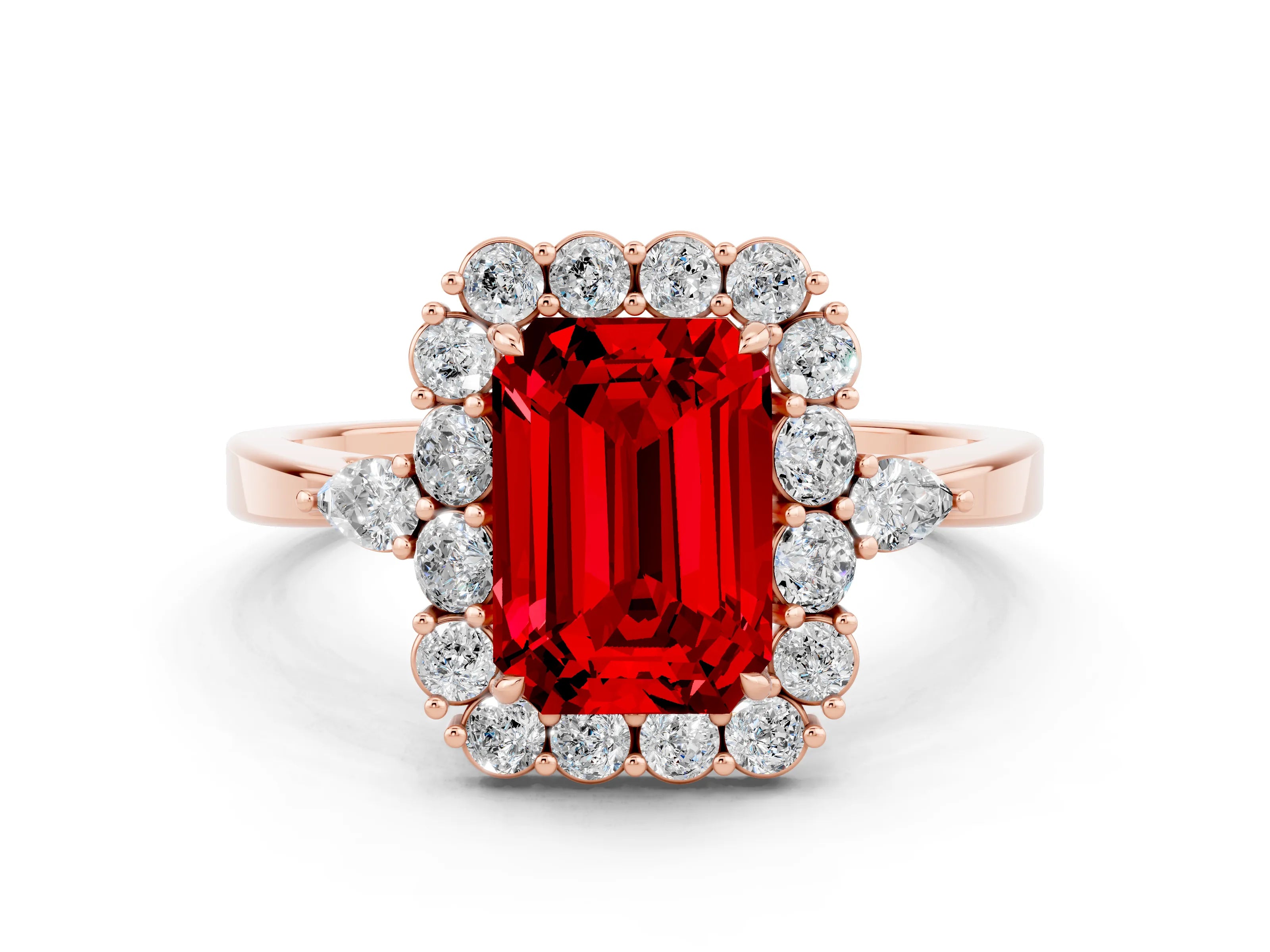 Rose gold Emerald Cut Ruby Halo Ring with Pear Side Stones and Prong Setting_12