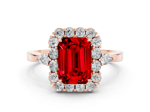 Rose gold Emerald Cut Ruby Halo Ring with Pear Side Stones and Prong Setting_12