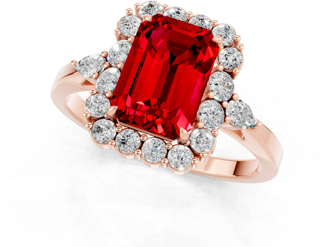 Rose gold Emerald Cut Ruby Halo Ring with Pear Side Stones and Prong Setting_13