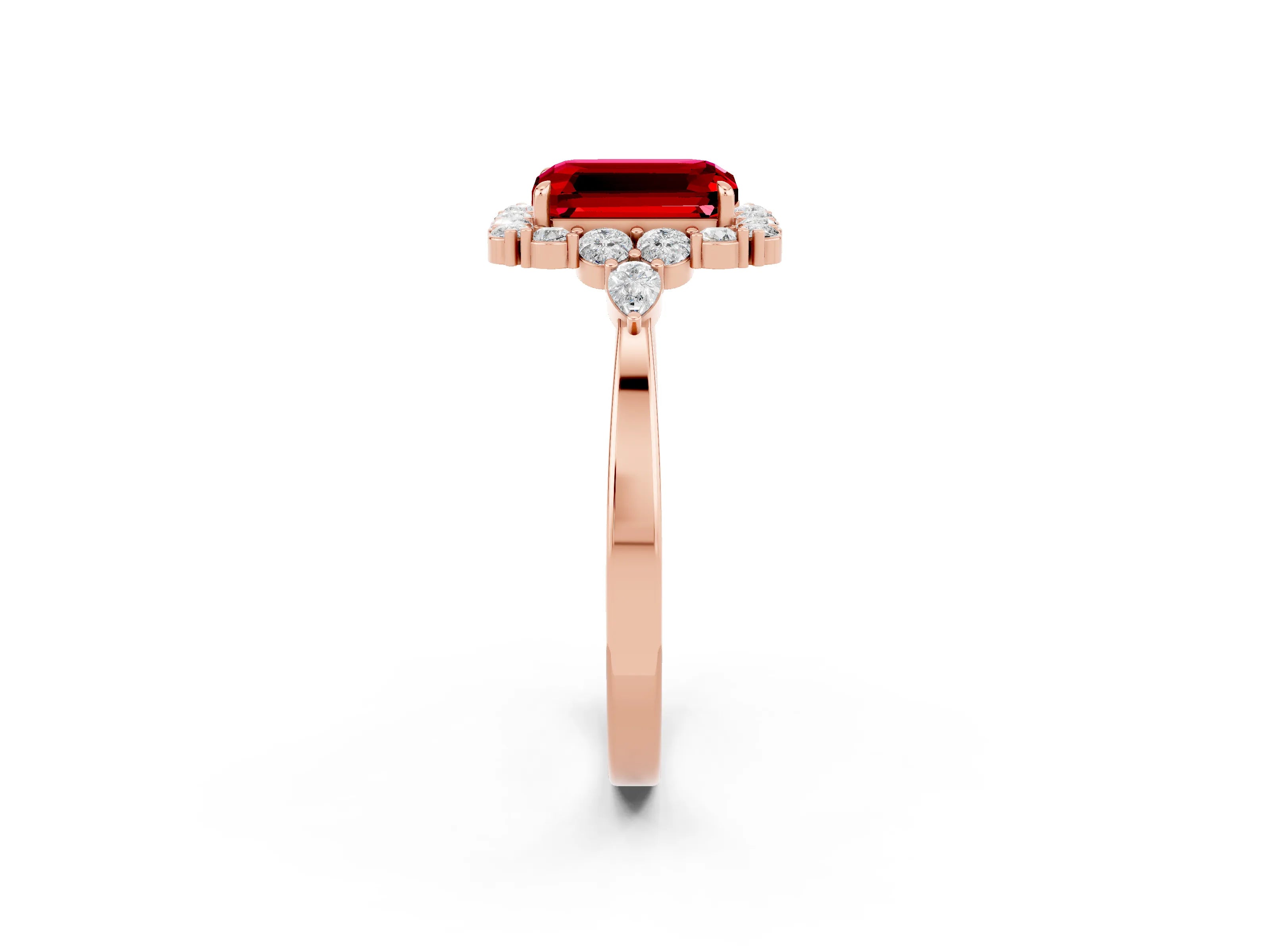 Rose gold Emerald Cut Ruby Halo Ring with Pear Side Stones and Prong Setting_14