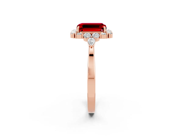 Rose gold Emerald Cut Ruby Halo Ring with Pear Side Stones and Prong Setting