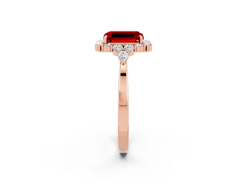 Rose gold Emerald Cut Ruby Halo Ring with Pear Side Stones and Prong Setting_14
