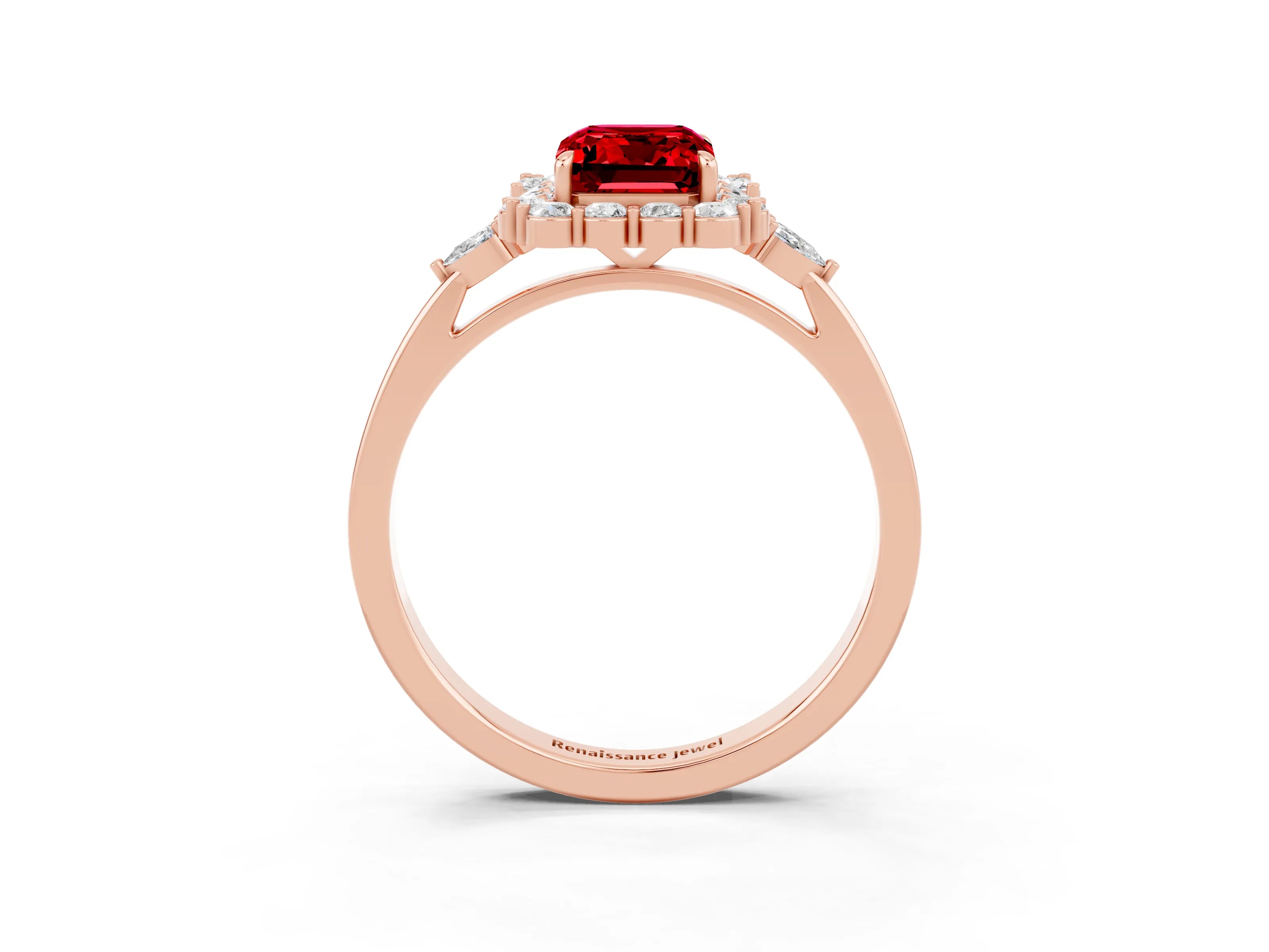 Rose gold Emerald Cut Ruby Halo Ring with Pear Side Stones and Prong Setting_15