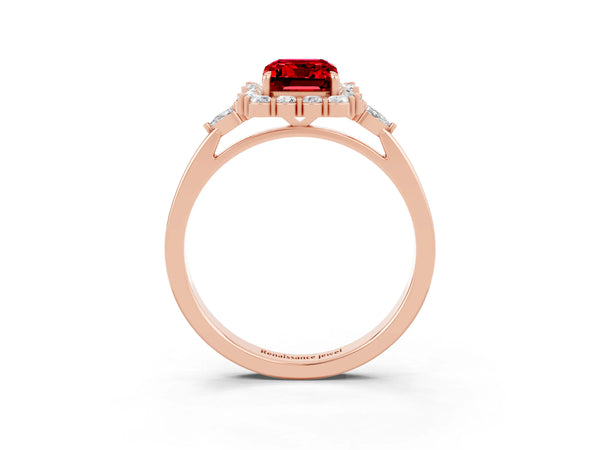 Rose gold Emerald Cut Ruby Halo Ring with Pear Side Stones and Prong Setting