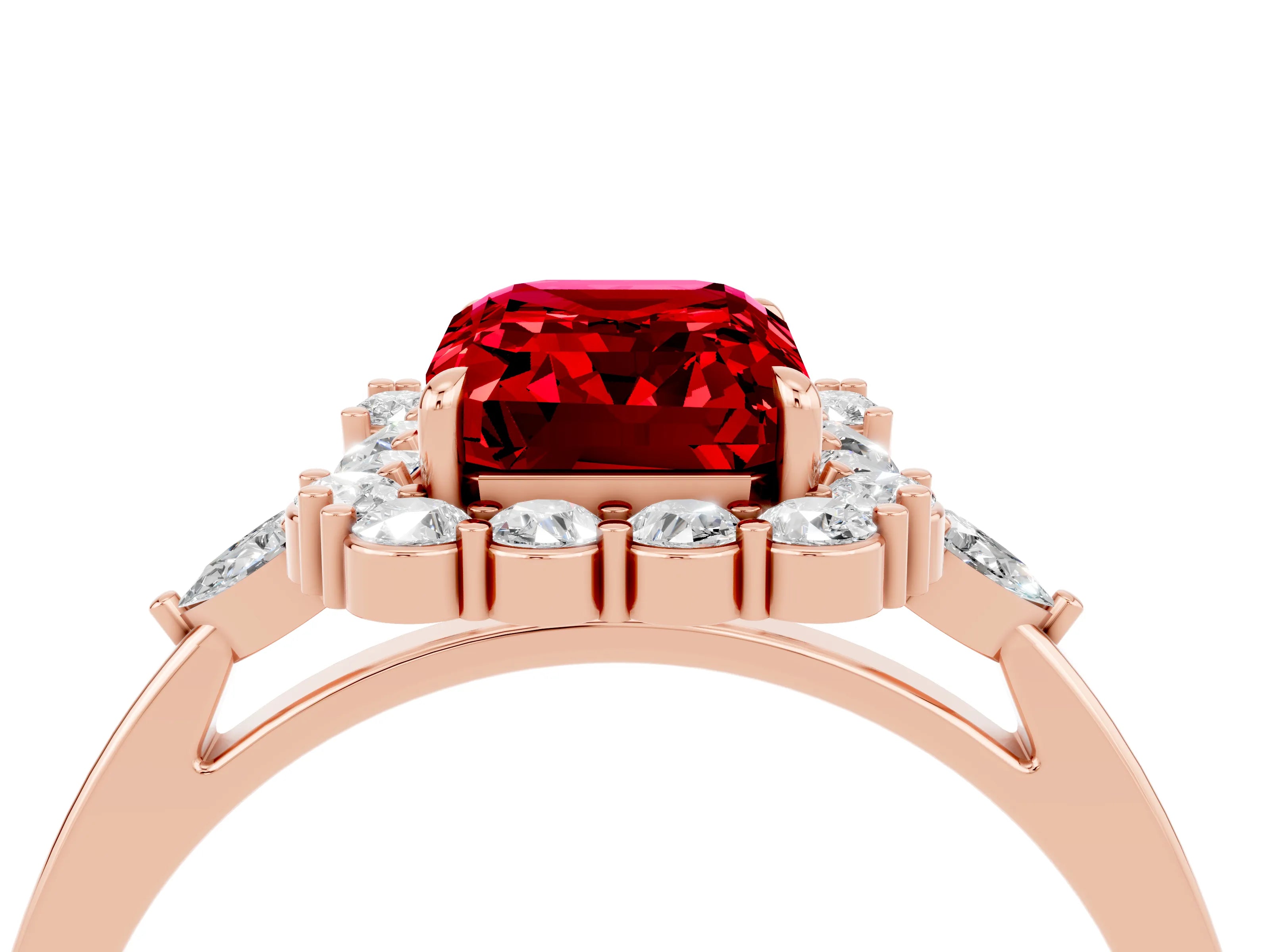 Rose gold Emerald Cut Ruby Halo Ring with Pear Side Stones and Prong Setting_16