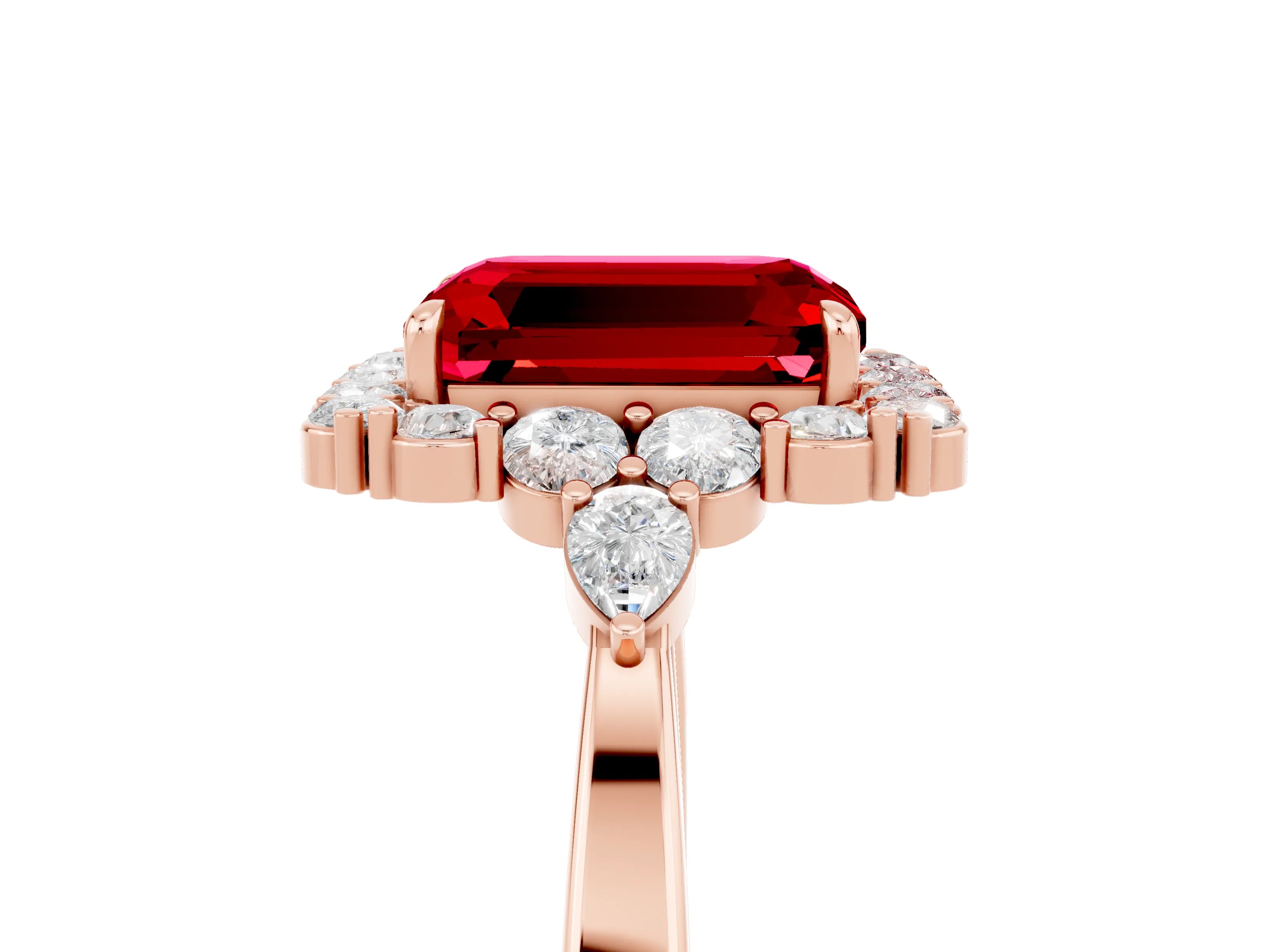 Rose gold Emerald Cut Ruby Halo Ring with Pear Side Stones and Prong Setting_17