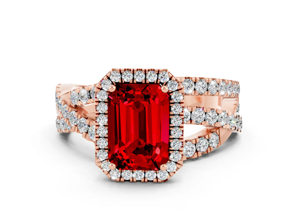 Rose gold Emerald Cut Ruby Halo Ring with Round Split Shank and Prong Setting